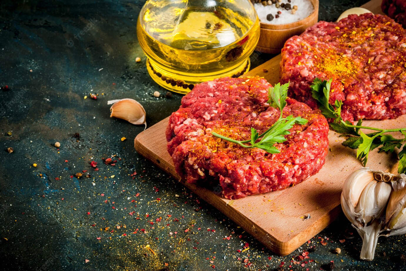 raw-burger-cutlets-with-salt-pepper-oil-herbs-spice-dark-table_136595-5204